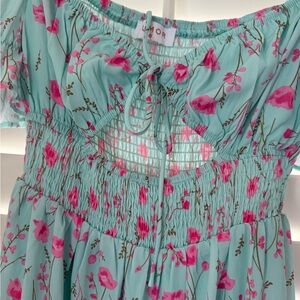 Hello Molly Aqua Floral Smocked Midi Dress with Pink Blossoms